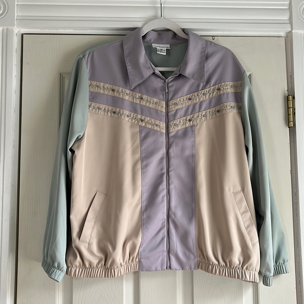 Alfred‎ Dunner Petite Pastel Colorblock Floral Embroidered Zip Jacket Size 16P